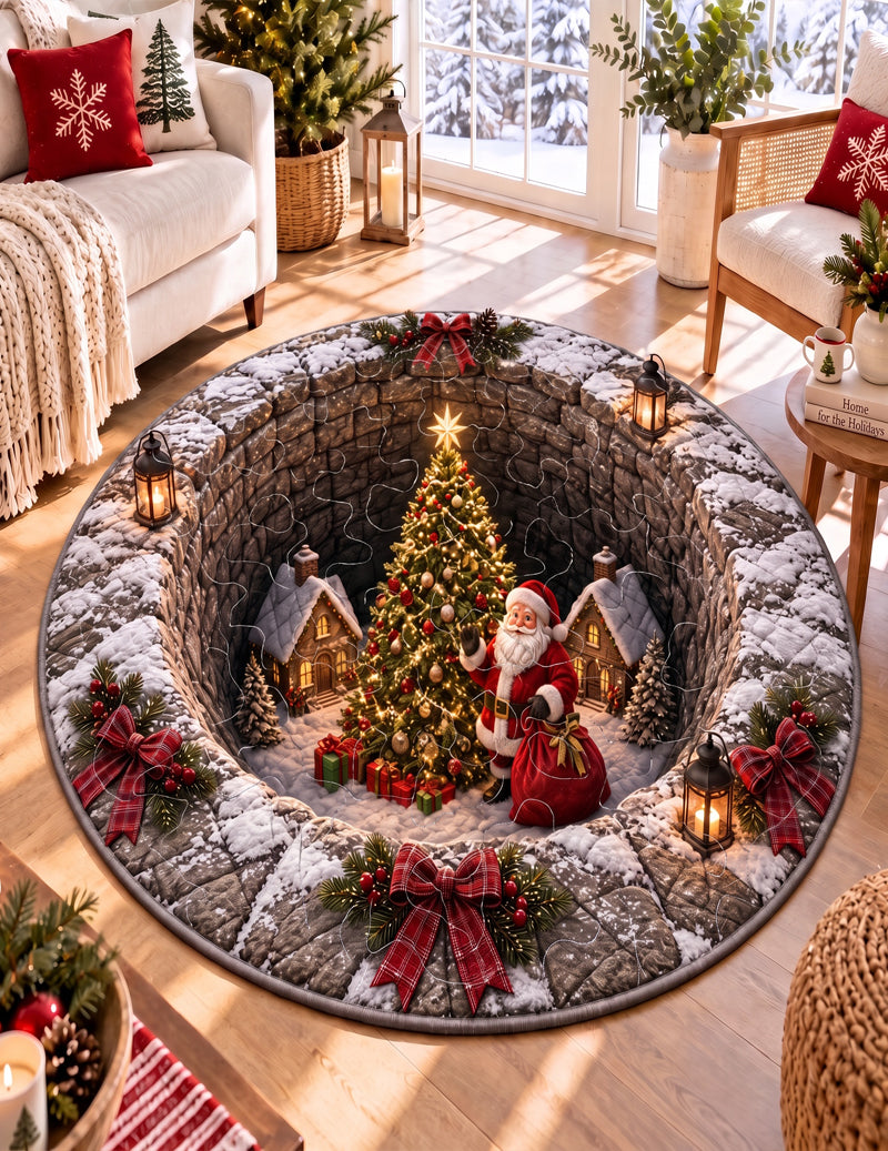 Christmas 3D Illusion Round Quilted Door Mat - Santa Christmas Village