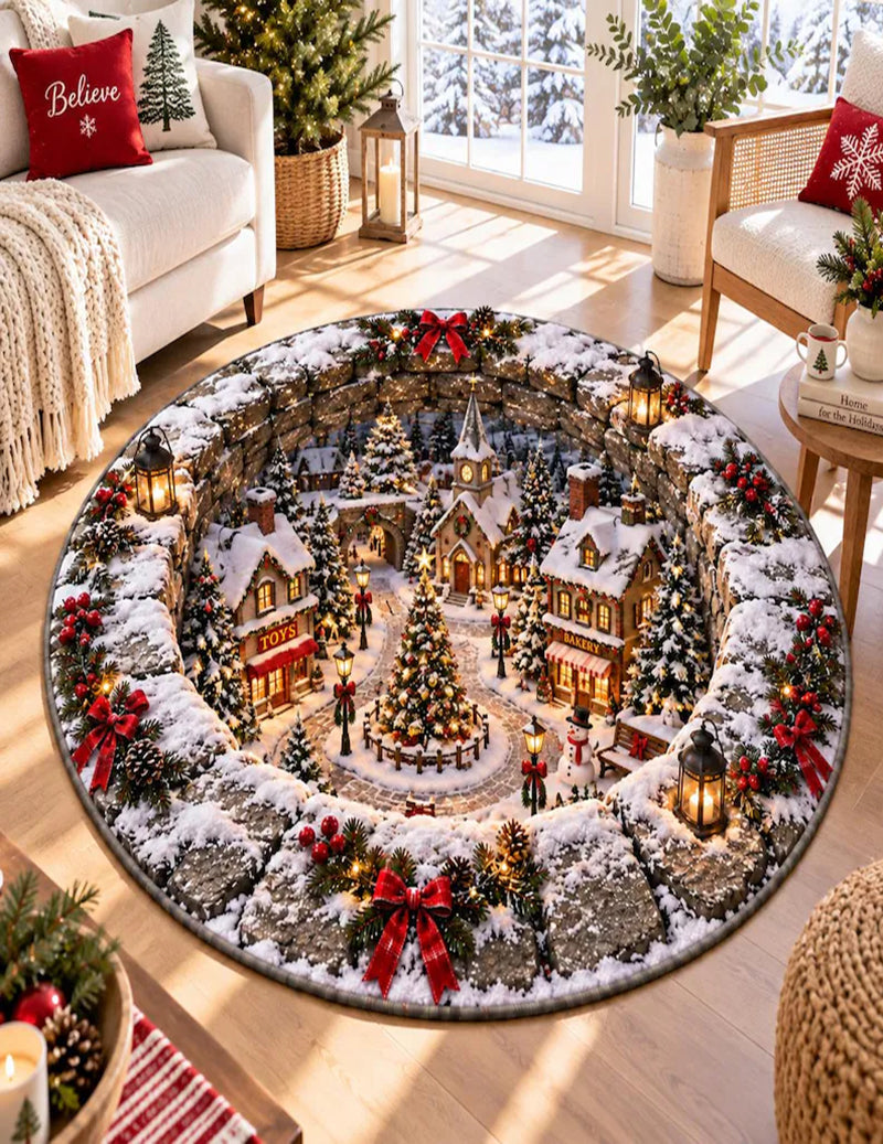 Christmas 3D Illusion Round Quilted Door Mat - Snowy Christmas Village