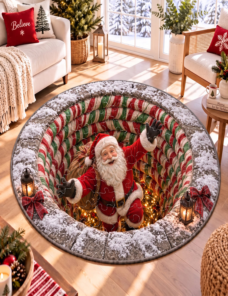 Christmas 3D Illusion Round Quilted Door Mat - Candy Cane Santa Vortex