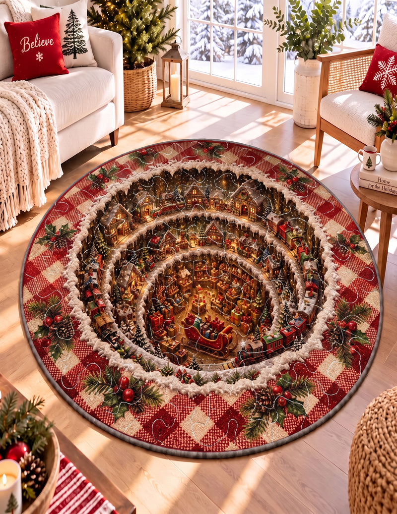 Christmas 3D Illusion Round Quilted Door Mat - Red Plaid Christmas Vortex