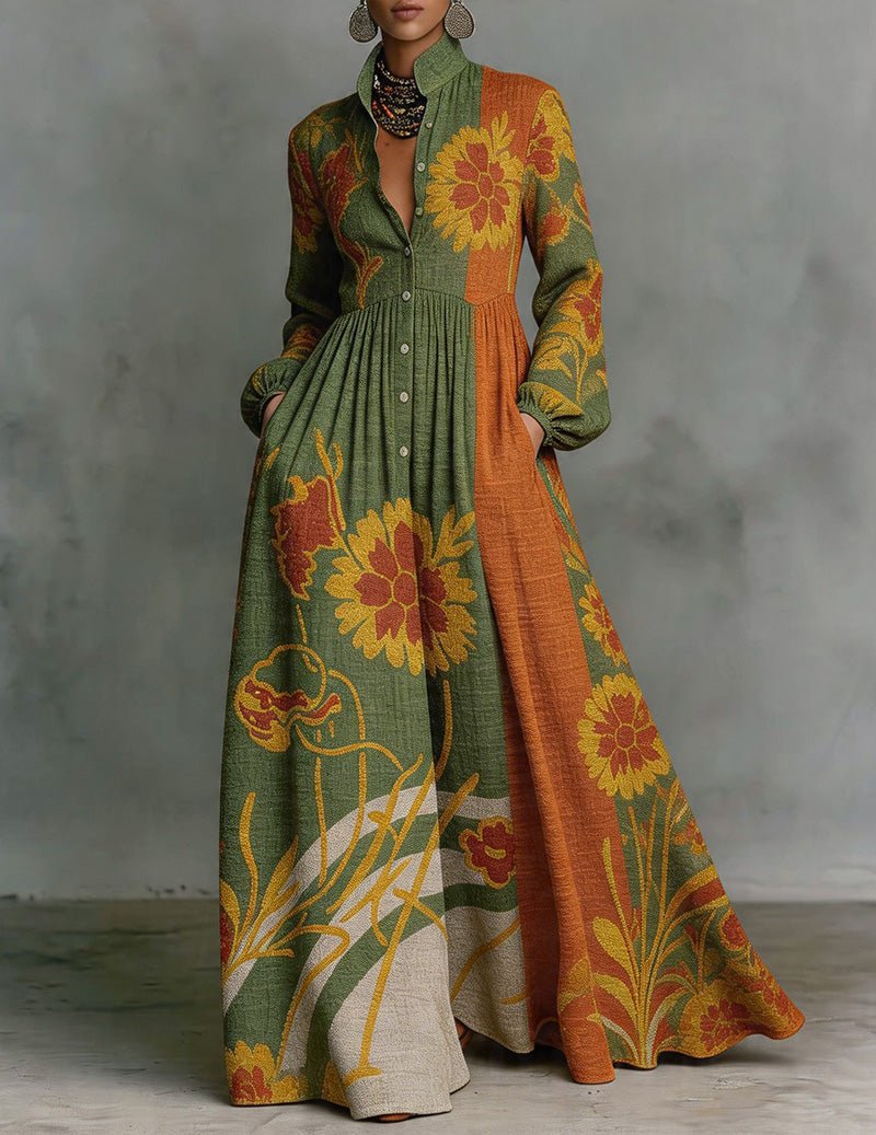 Ekouaer Floral Print Color Block Maxi Dress Green / 3XL