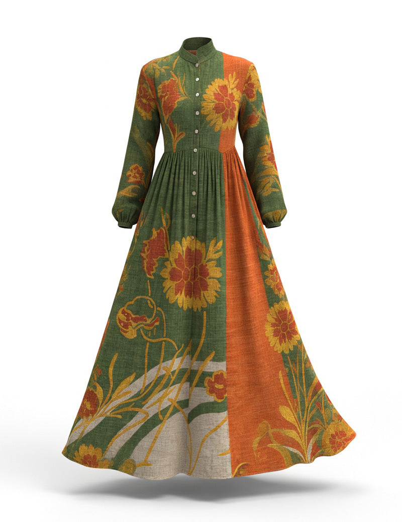 Floral Color Block Maxi Dress Long Sleeve Bohemian Button Down | Ekouaer Floral Color Block Maxi Dress Long Sleeve Bohemian Button Down | Ekouaer