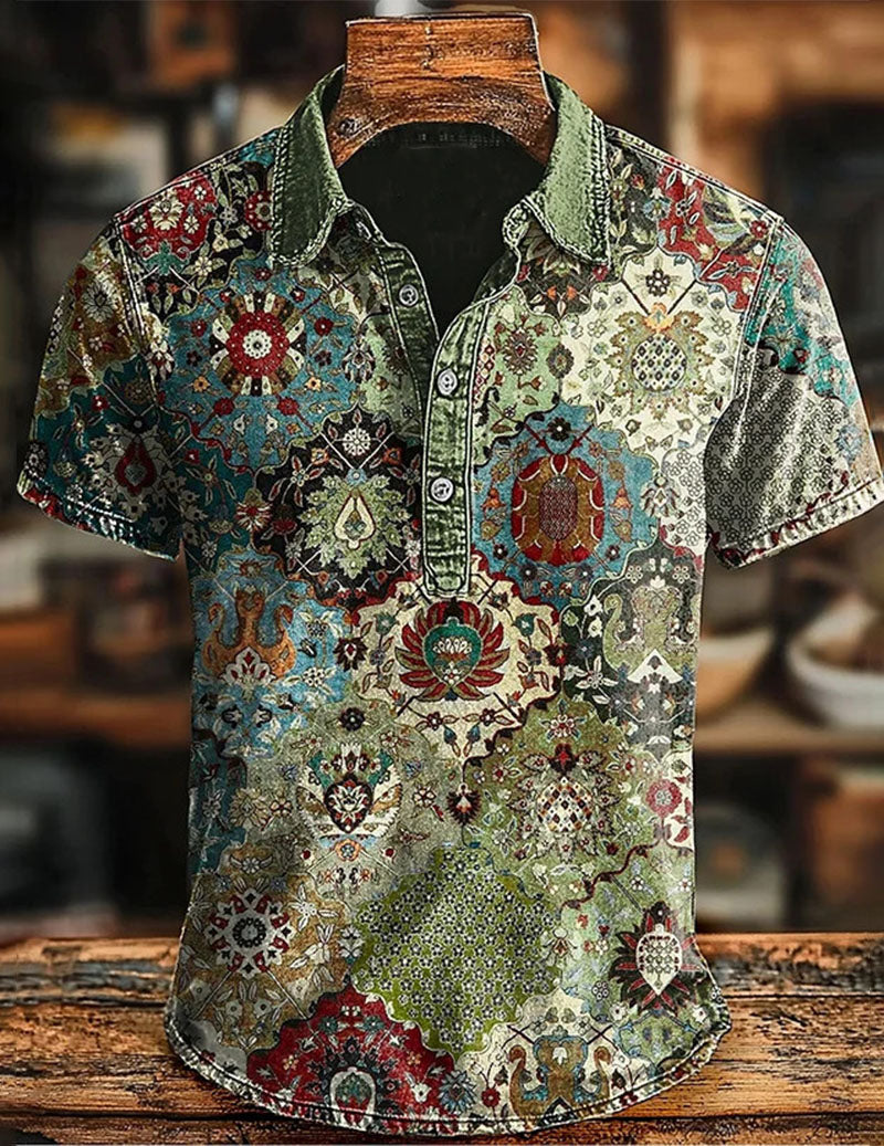 Men's Vintage Ethnic Printed Polo Shirt – Short Sleeve Retro Bohemian Shirt