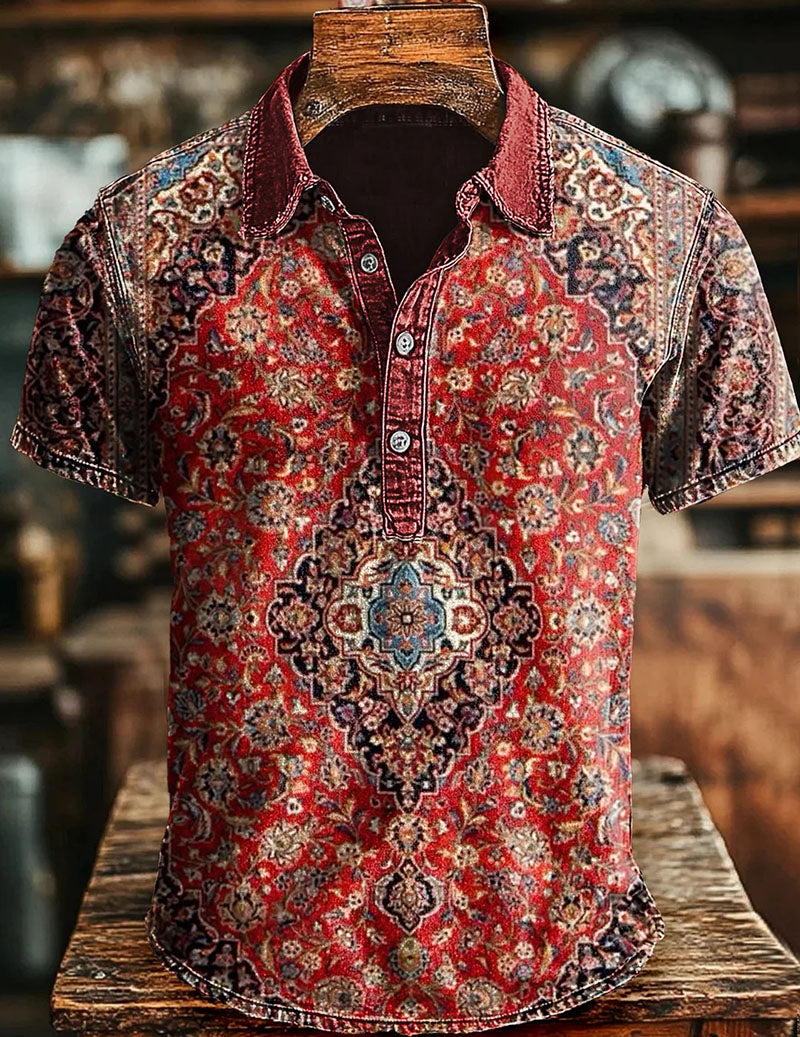 Men's Vintage Ethnic Printed Polo Shirt – Short Sleeve Retro Bohemian Shirt