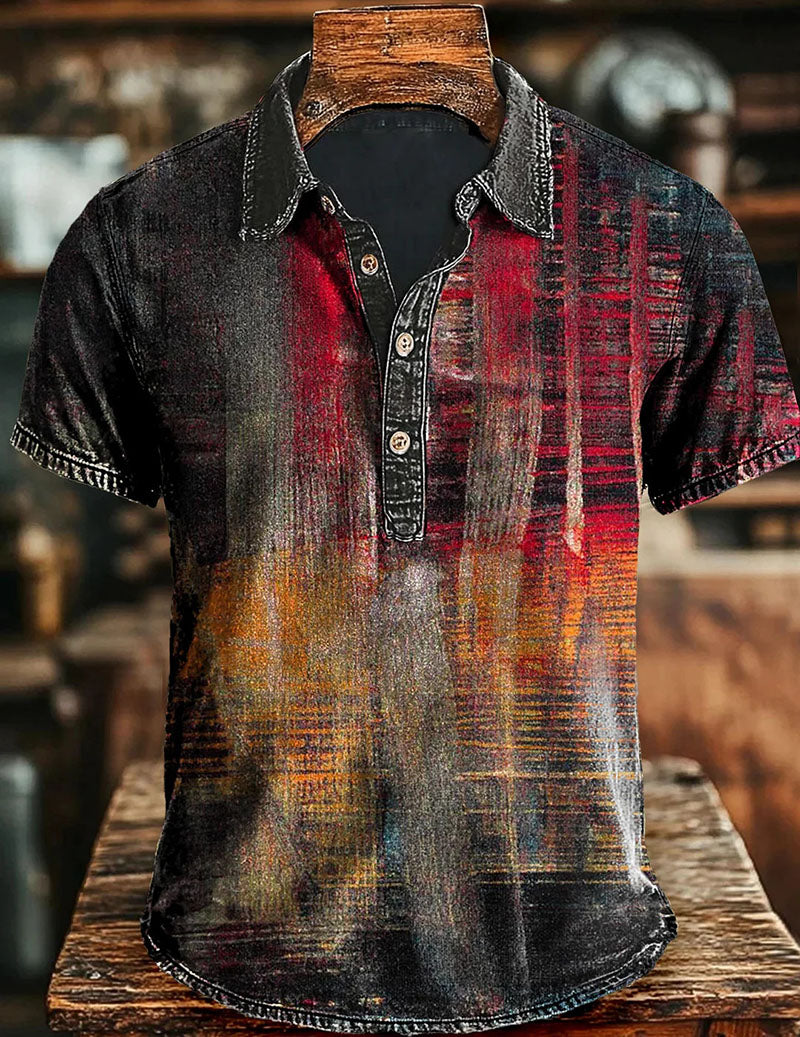 Men's Vintage Printed Polo Shirt – Short Sleeve Retro Casual Shirt