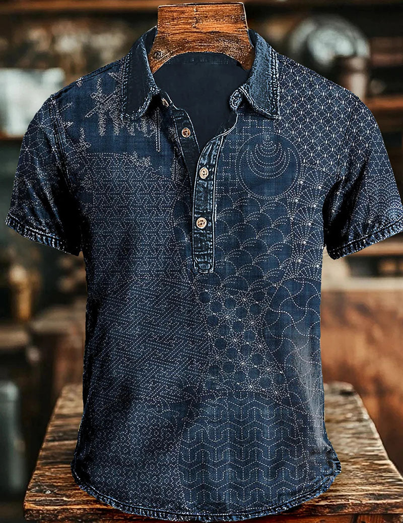 Men's Vintage Printed Polo Shirt – Short Sleeve Retro Casual Shirt
