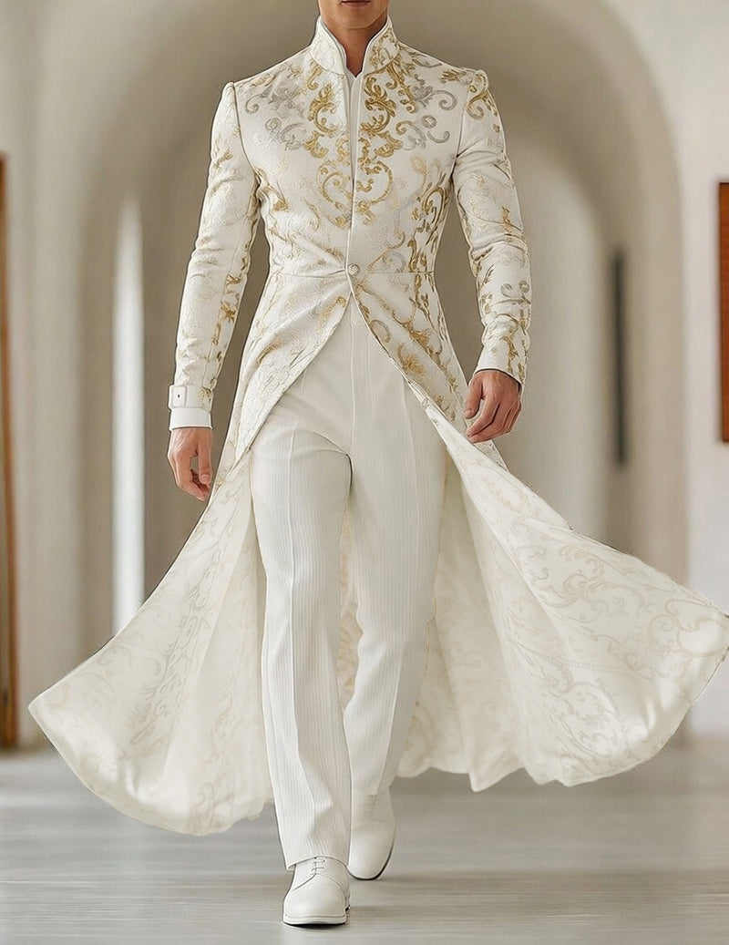 Men’s baroque floral mandarin-collar tailcoat with flared back tails, white long jacket