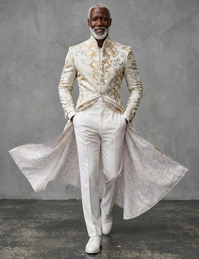 Men’s white baroque floral tailcoat with mandarin collar, long jacket with flowing back tails