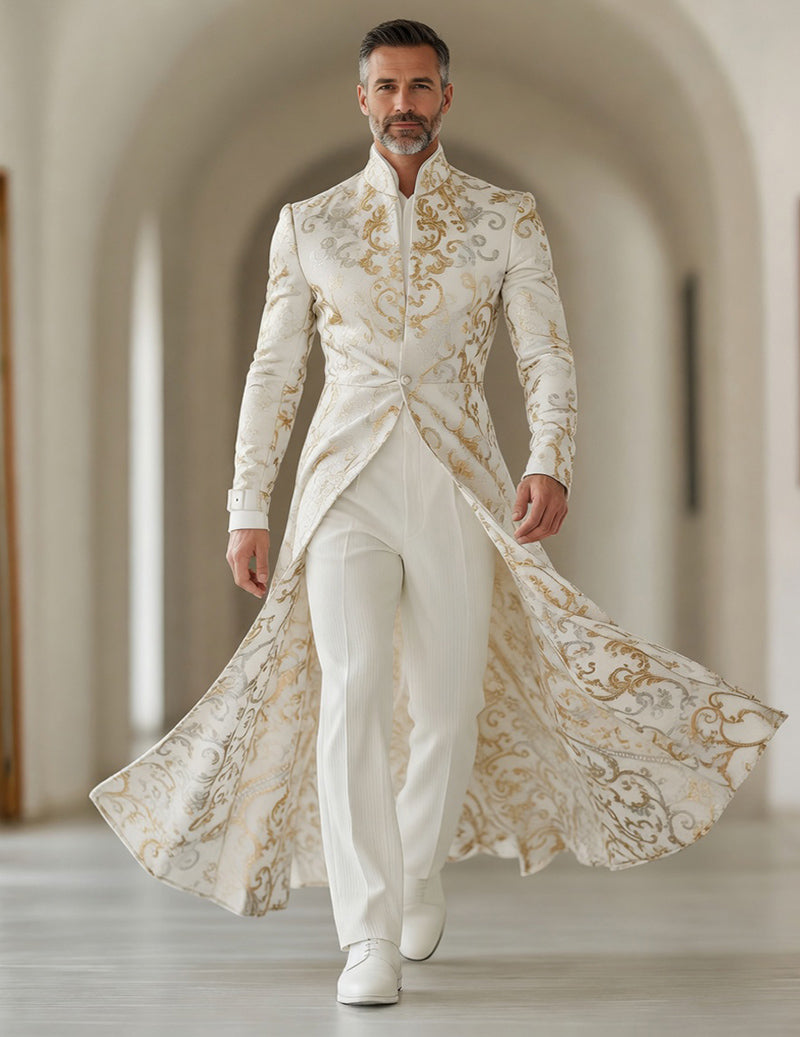 Men's Embroidered Tailcoat – Luxury Mandarin Collar Long Jacket