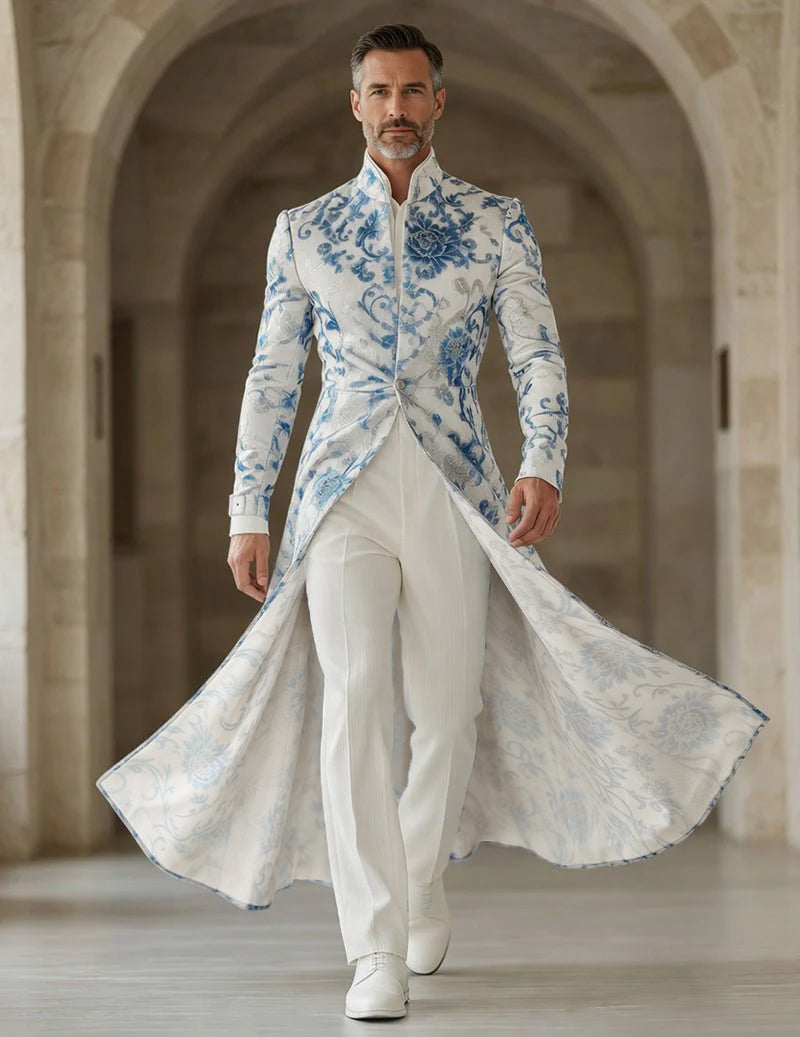 Blue floral mandarin-collar long jacket, open front, wide flared coat hem.