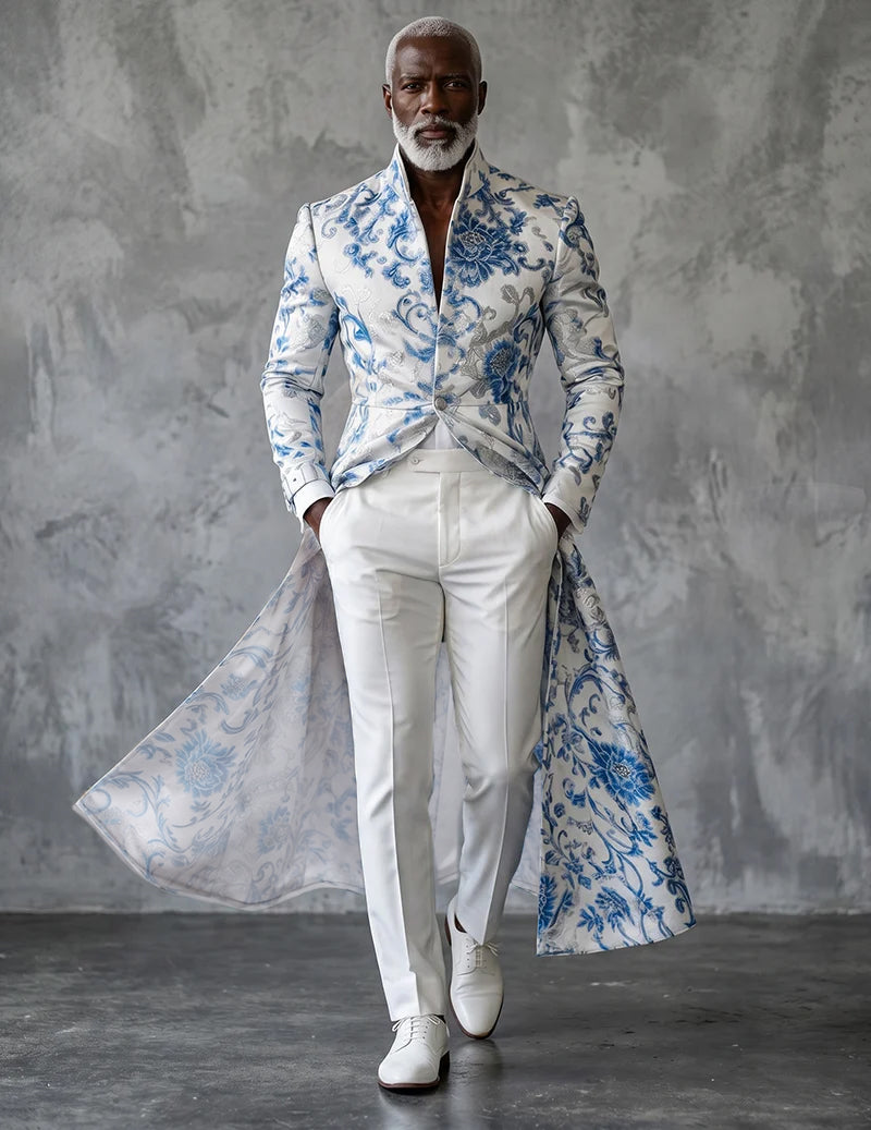 Blue floral print tailcoat, mandarin collar, long jacket with flared side hem.