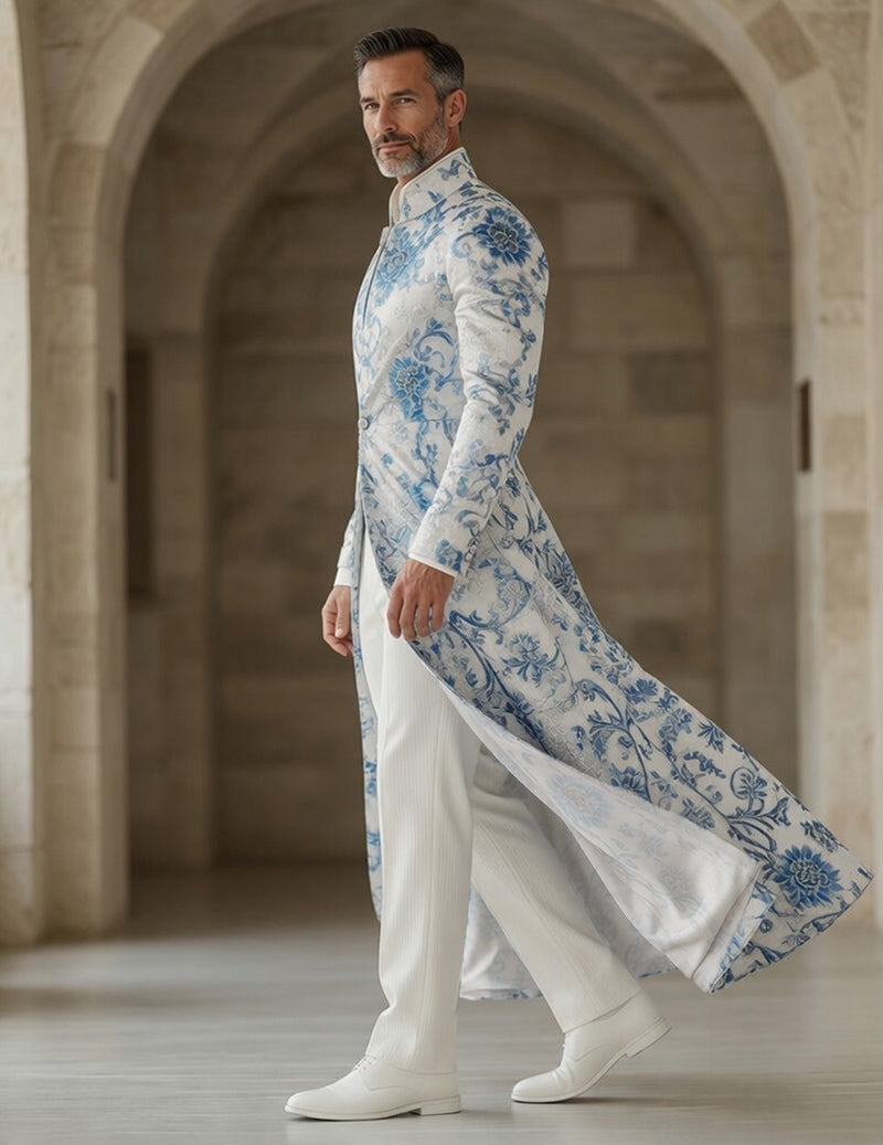 Blue floral print tailcoat with mandarin collar, long sleeves, front button detail.