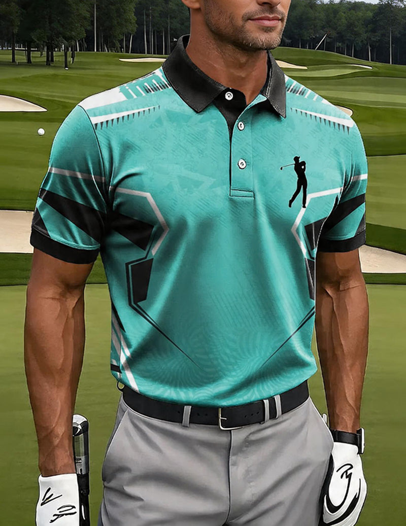 Men's Turquoise Polo Shirt – Slim Fit Geometric Print Polo Tops