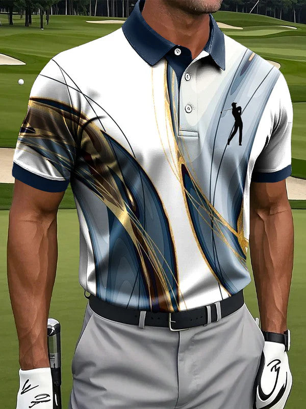 Men's White Golf Polo Shirt – Slim Fit Abstract Gold Blue Swirl Print Polo