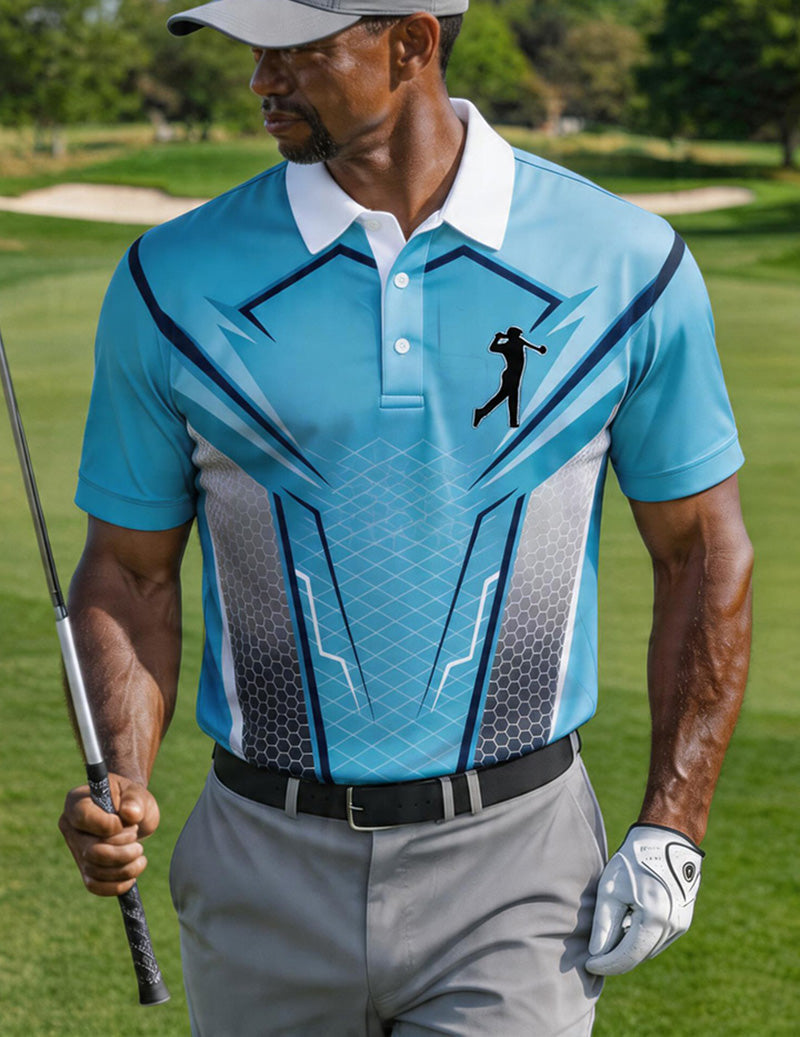 Men's Light Blue Golf Polo Shirt – Slim Fit Geometric Print Polo