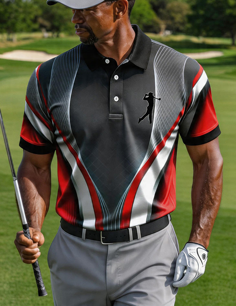Men's Black Red Geometric Golf Polo Shirt – Slim Fit Performance Polo