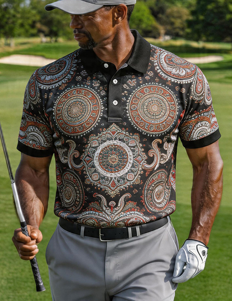 Men's Black Mandala Paisley Golf Polo Shirt – Slim Fit Ornate Print Polo