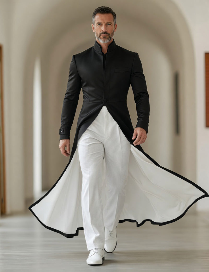 Men's Mandarin Collar Long Tailcoat Robe Jacket – Formal Coat with Flowing Tail