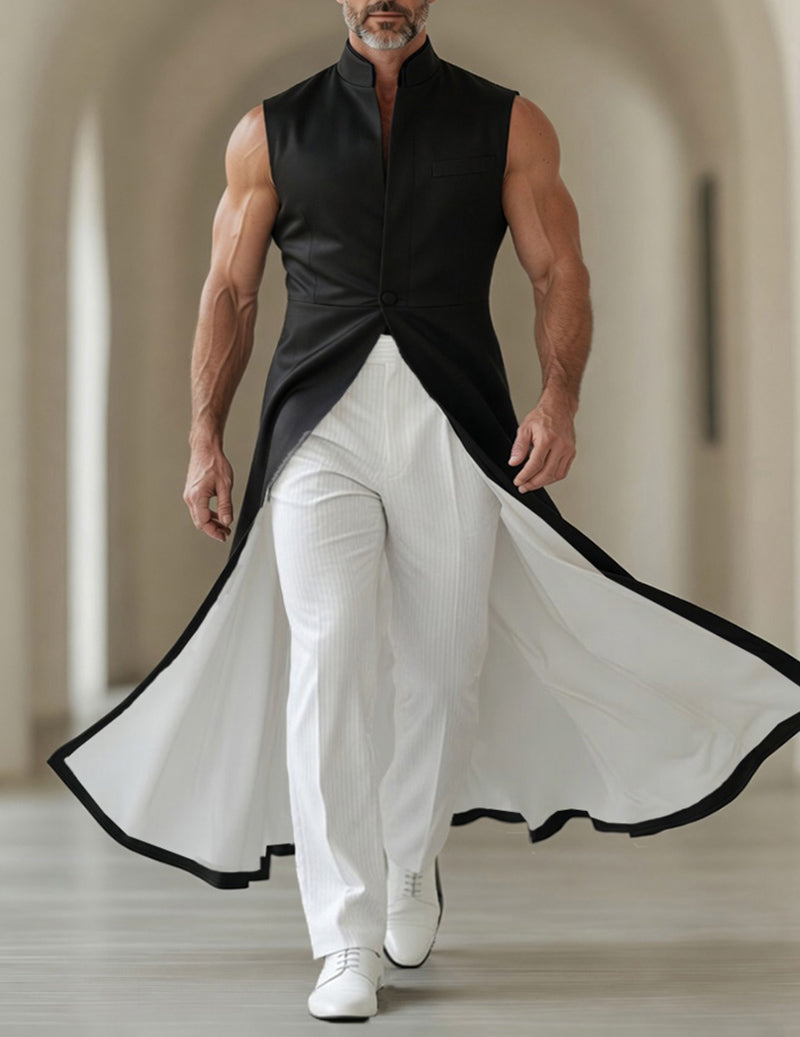 Black sleeveless long tailcoat vest with mandarin collar, open front and bold piping