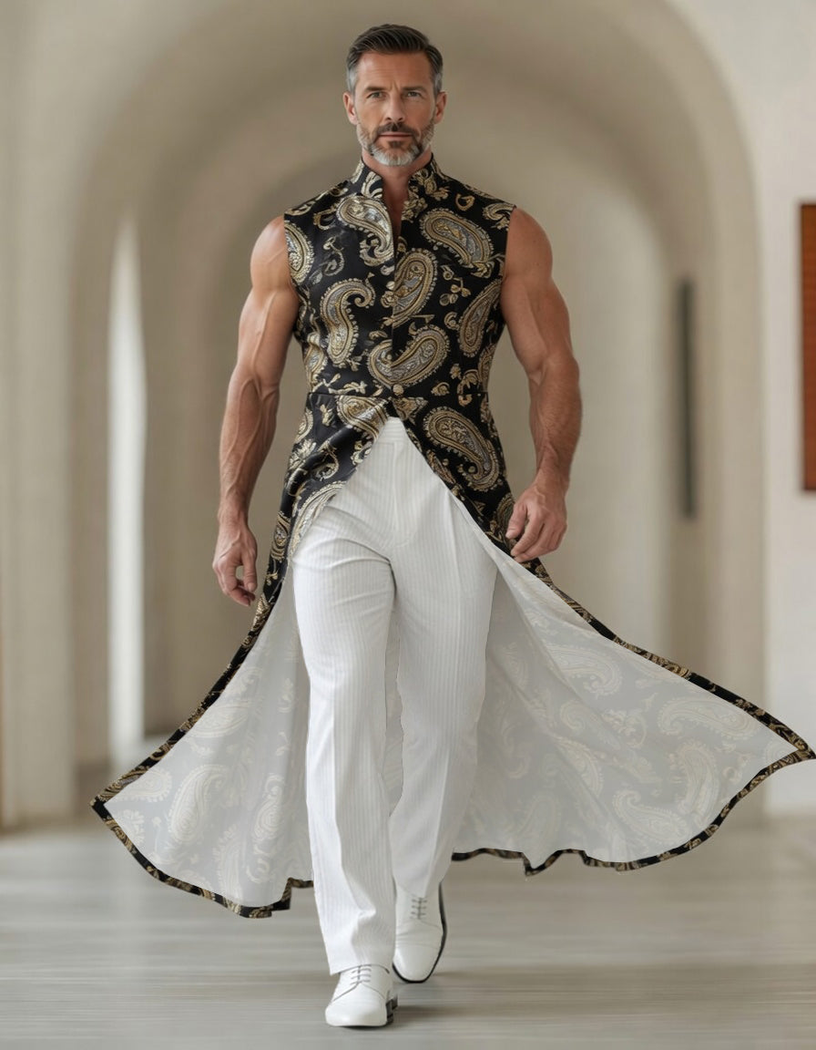 Men's Peacock Paisley Sleeveless Mandarin Collar Long Tailcoat Jacket