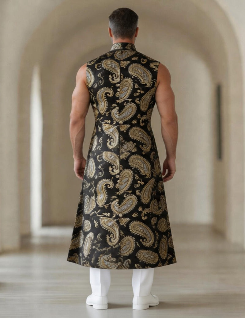 Men's Peacock Paisley Sleeveless Mandarin Collar Long Tailcoat Jacket