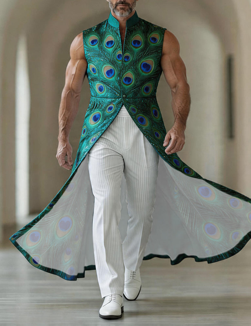Men's Peacock Paisley Sleeveless Mandarin Collar Long Tailcoat Jacket