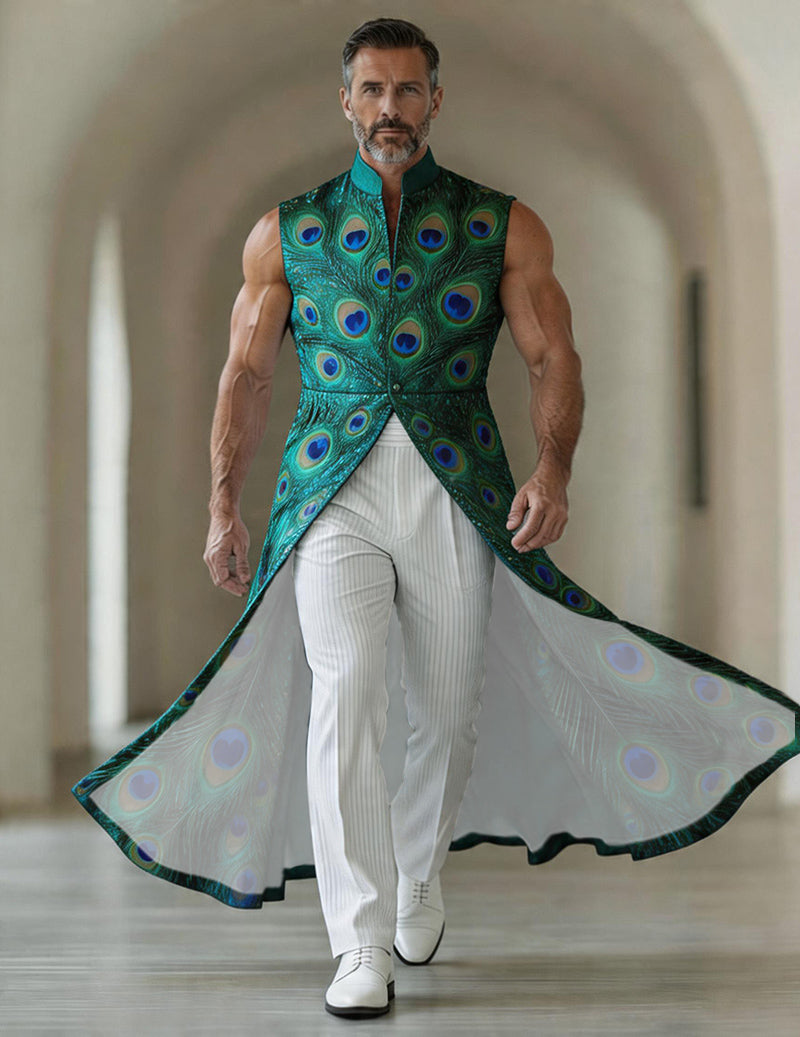 Men's Peacock Paisley Sleeveless Mandarin Collar Long Tailcoat Jacket