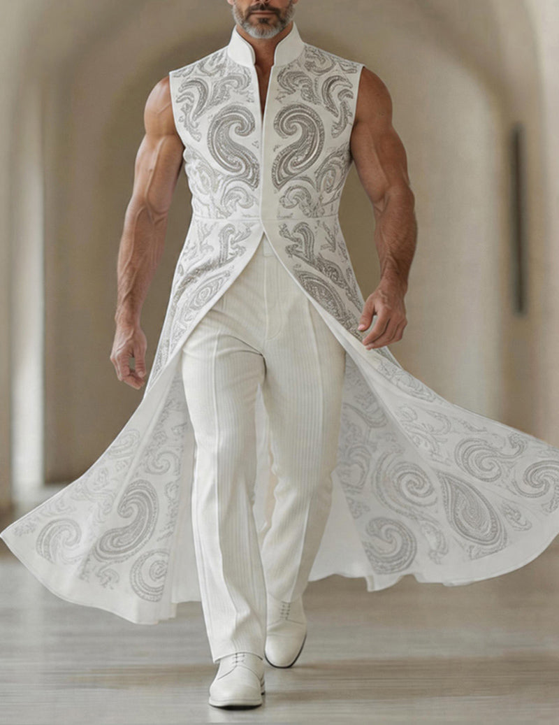 Men's Elegant Ornate Paisley Sleeveless Mandarin Collar Long Tailcoat Jacket