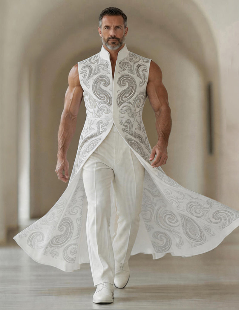 Men's Elegant Ornate Paisley Sleeveless Mandarin Collar Long Tailcoat Jacket