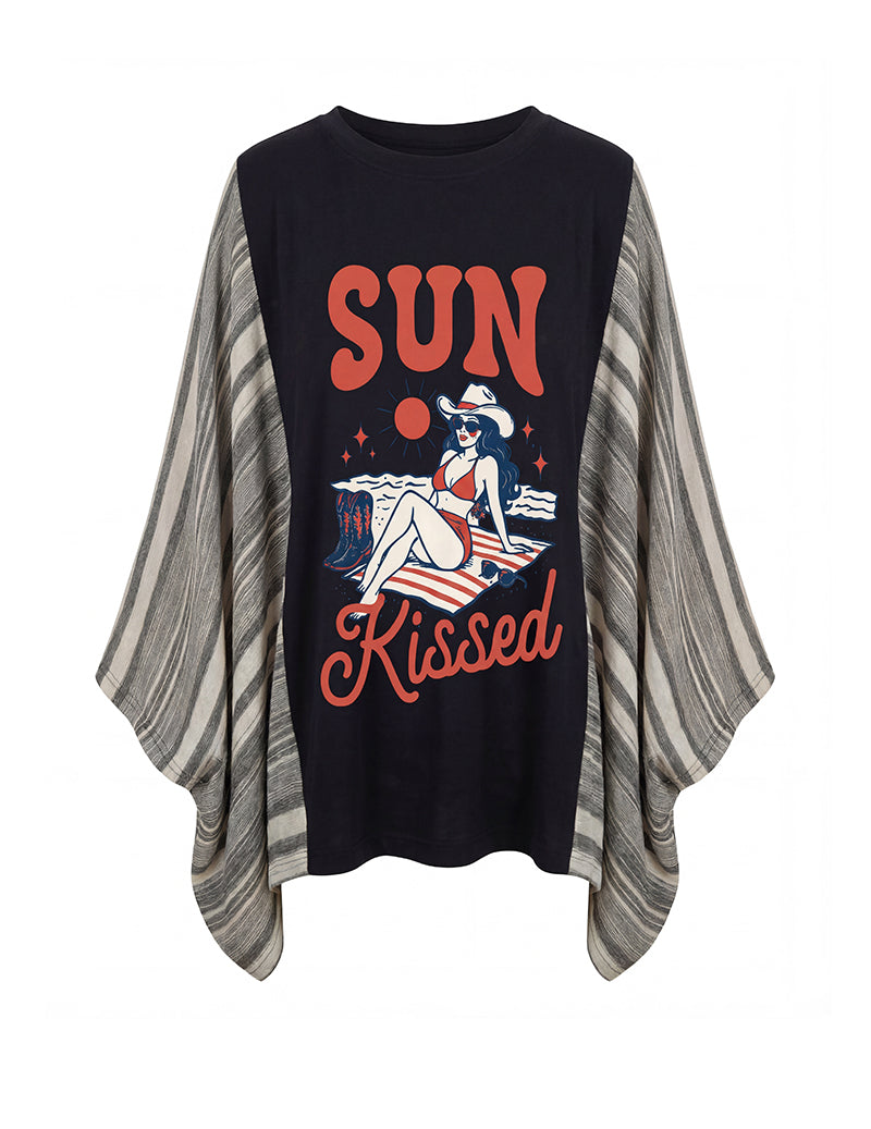 Black oversized Sun Kissed graphic top with mermaid; striped batwing sleeves