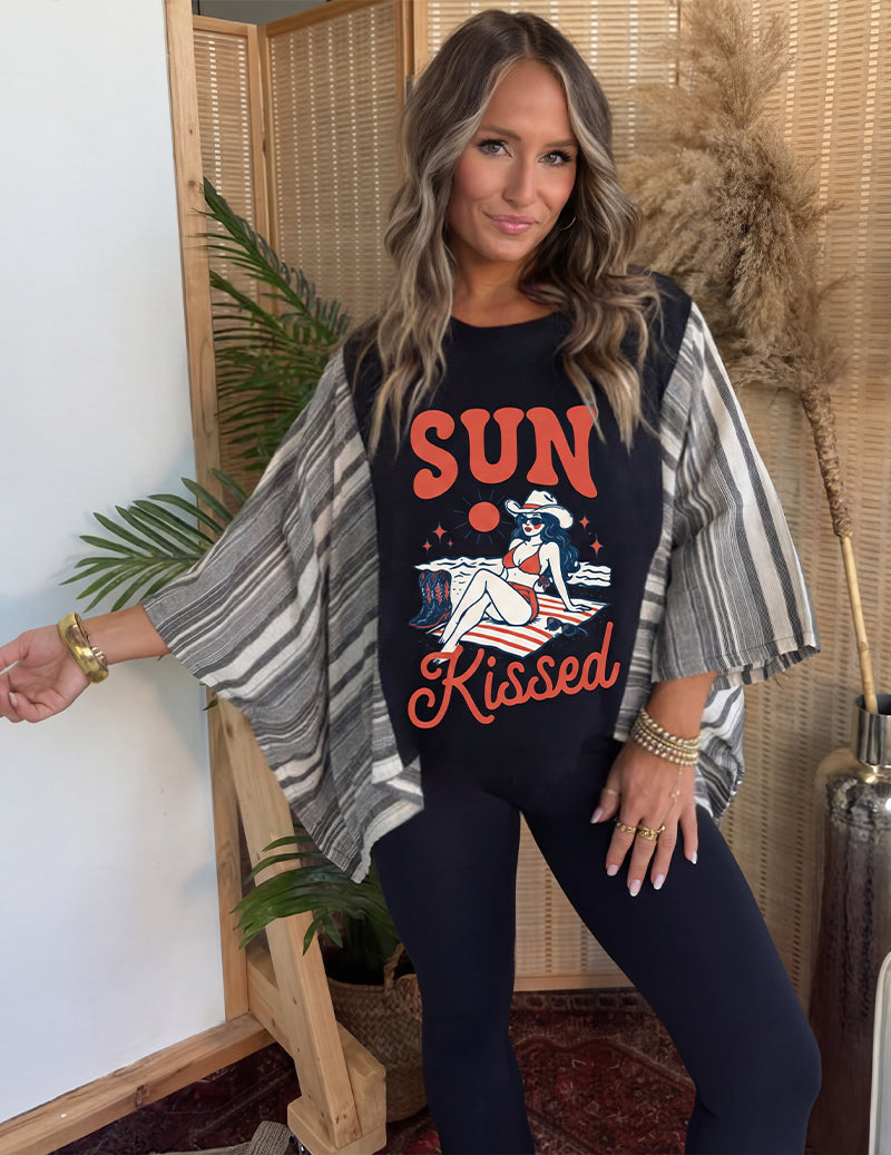 Black Sun Kissed graphic top with mermaid; striped batwing sleeves drape on model
