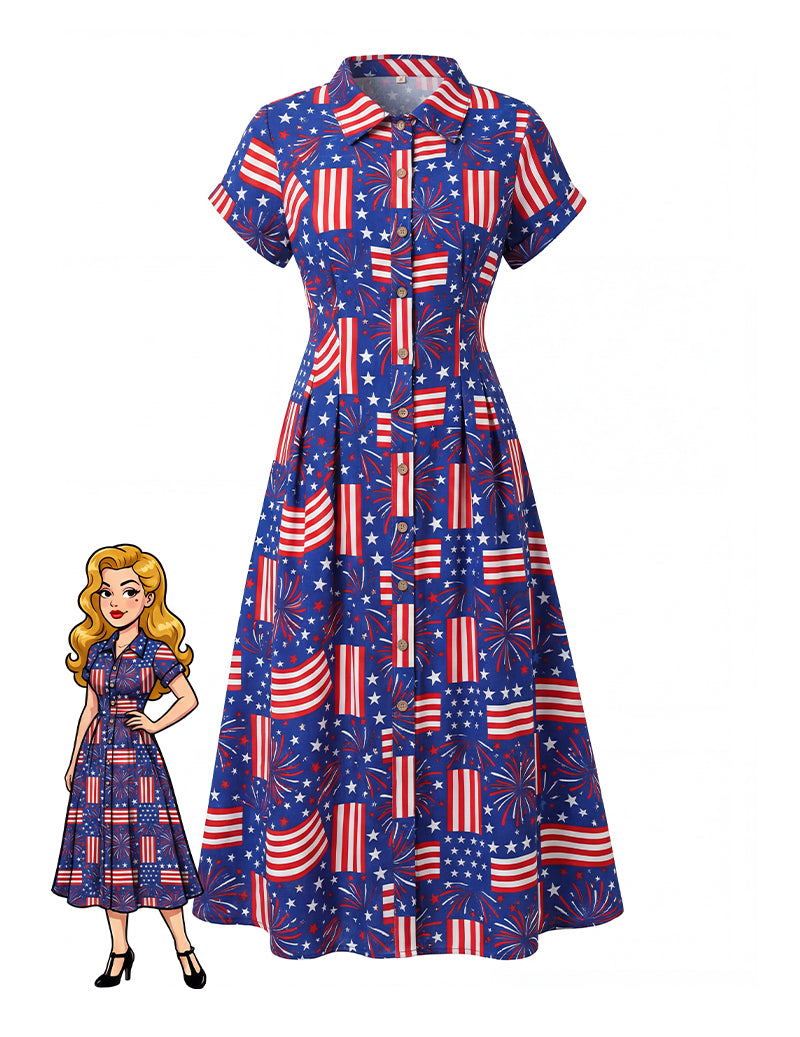 Vintage 1920s flapper button-down midi dress, blue star-and-stripe print with buttons