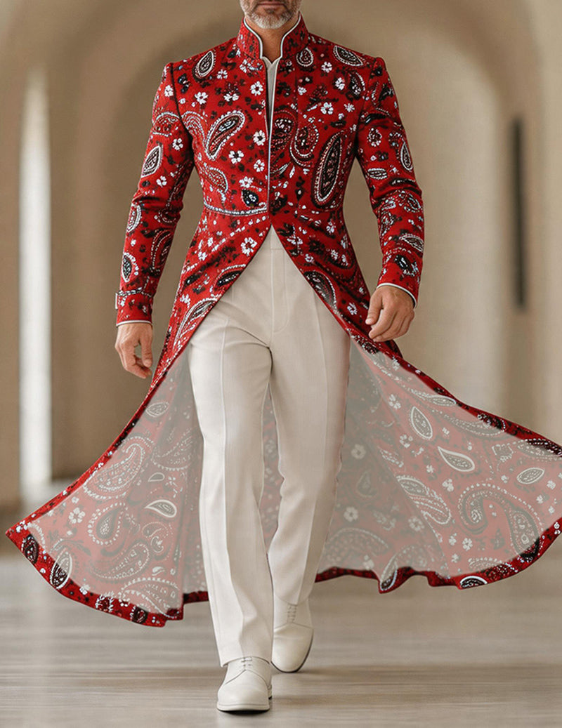 Men's Bold Paisley Floral Mandarin Collar Long Tailcoat Jacket
