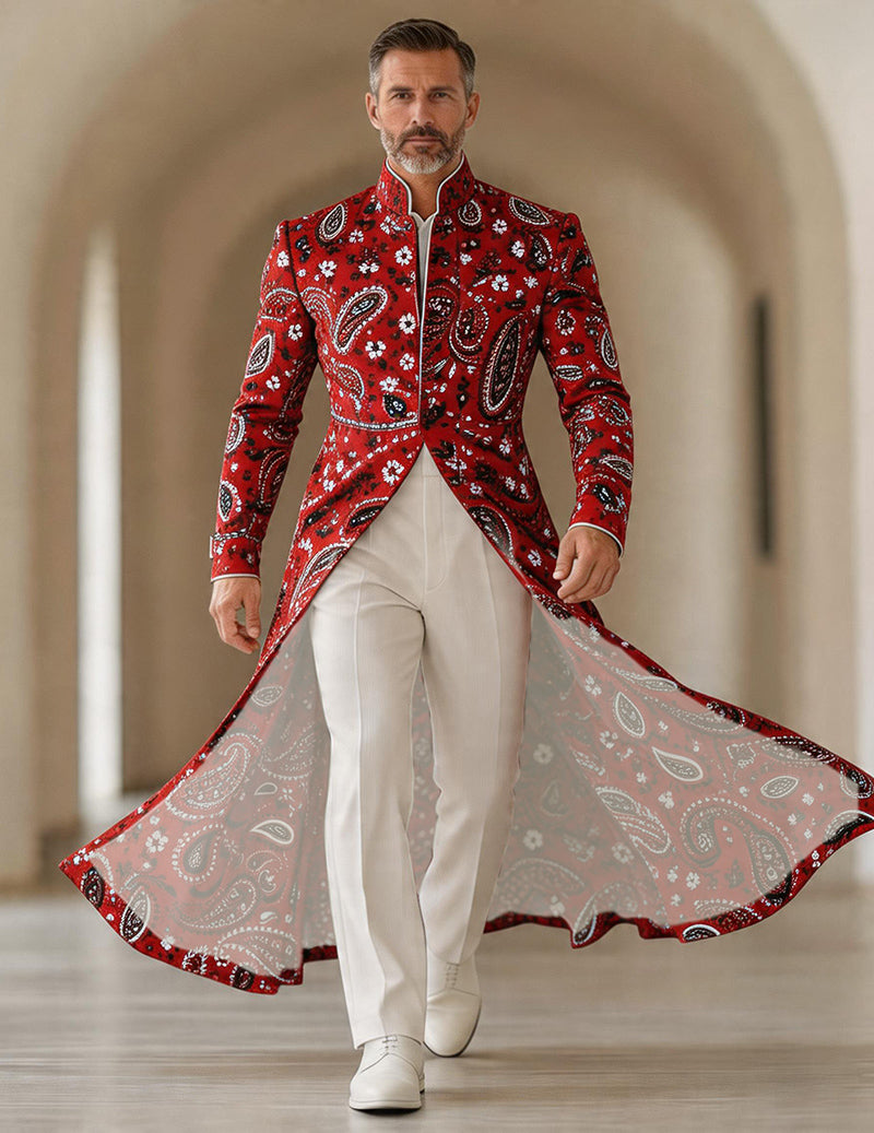 Men's Bold Paisley Floral Mandarin Collar Long Tailcoat Jacket