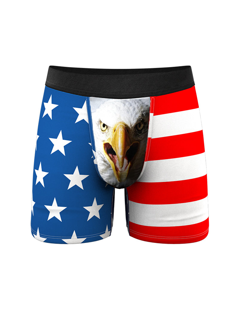 Men’s Independence Day boxer briefs with bald eagle face and blue-white-red stripe flag
