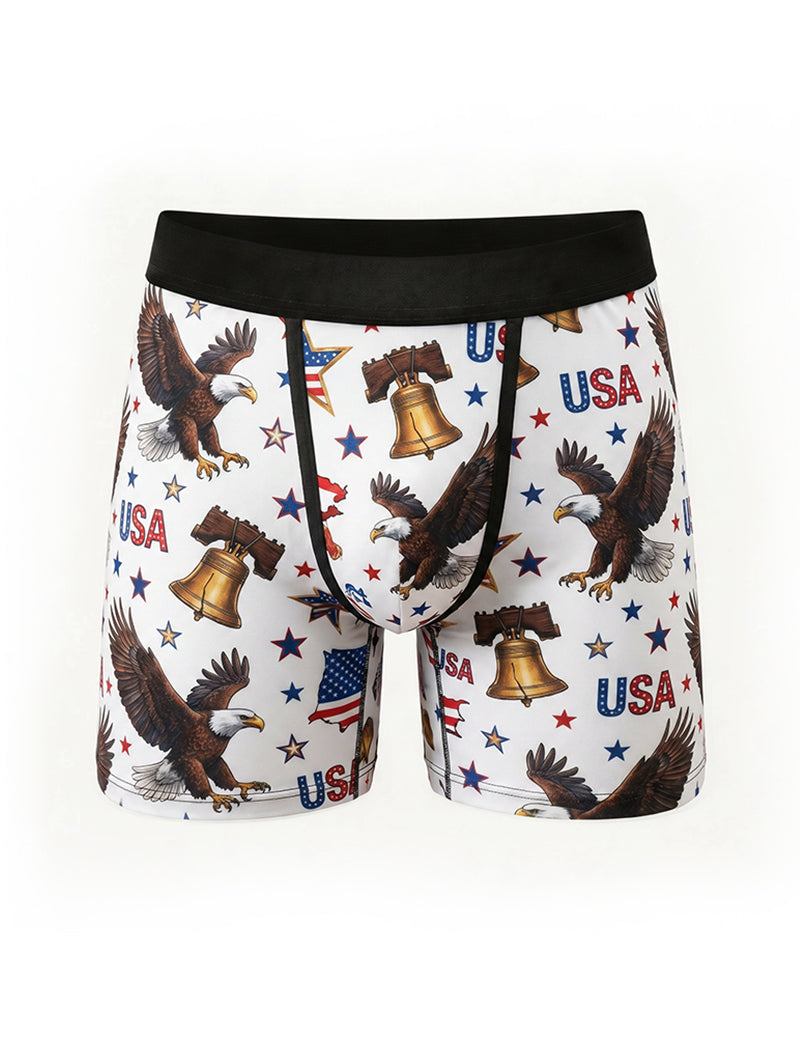 Men’s Independence Day boxer briefs with eagles, bells, and “USA” star-spangled print