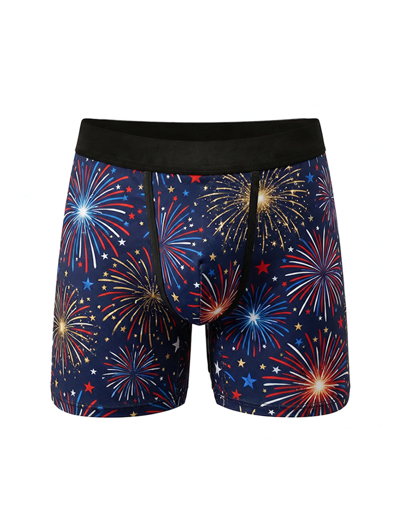 Men’s Independence Day boxer briefs with colorful fireworks and star cluster print
