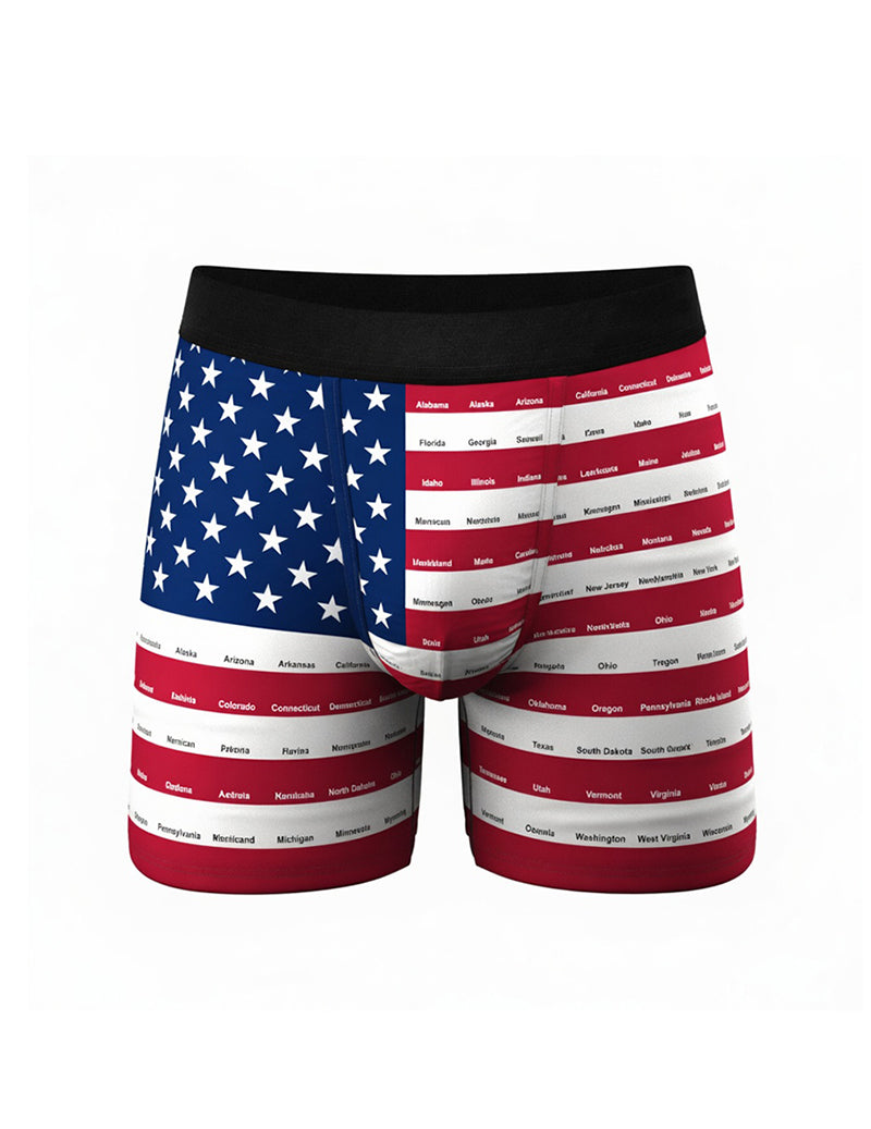 Men’s Independence Day boxer briefs with map-of-states stripe flag pattern