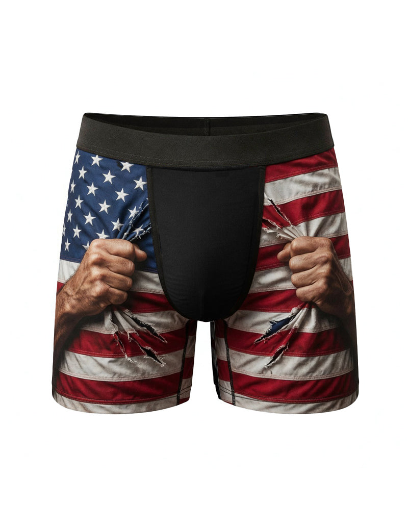 Men’s Independence Day boxer briefs with two-tone flag print and clenched fist graphic