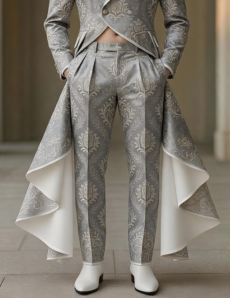 Grey brocade tailcoat jacket and matching trousers, ornate gold damask motif