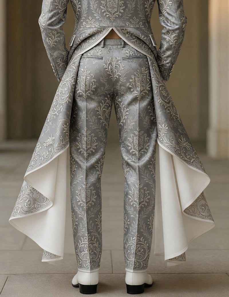 Grey formal trousers with ornate gold brocade, paired with tailcoat drape panels