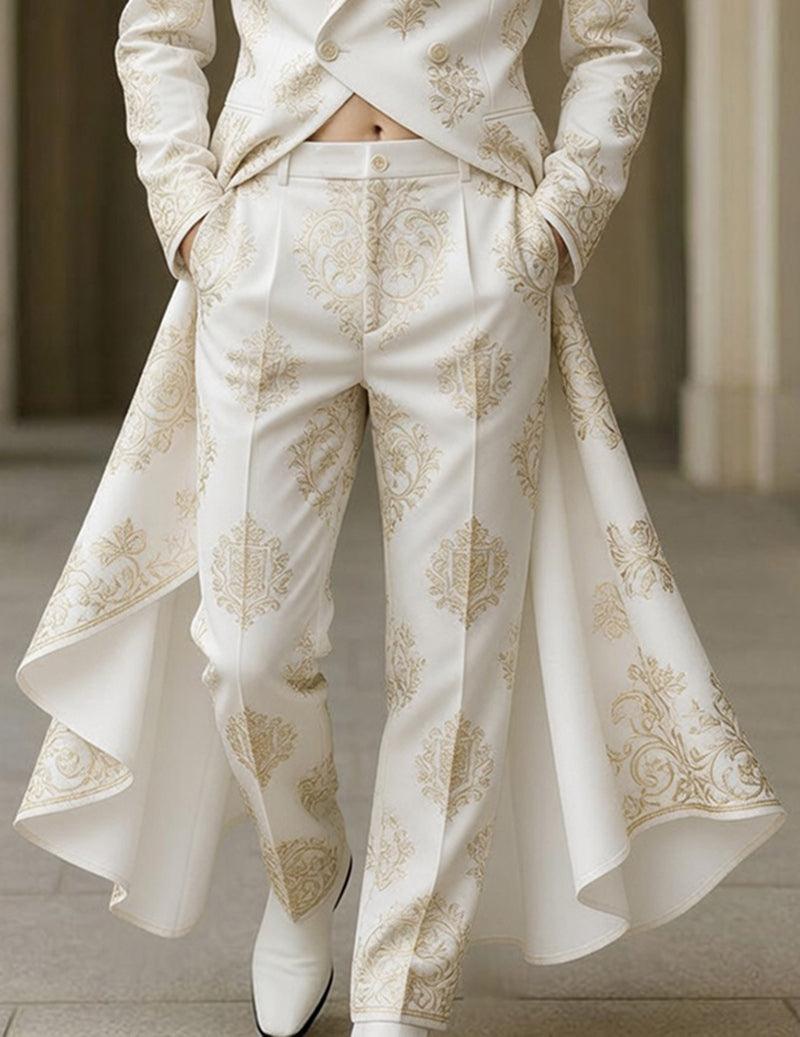 Men's white brocade tailcoat jacket with matching formal trousers, gold pattern trim