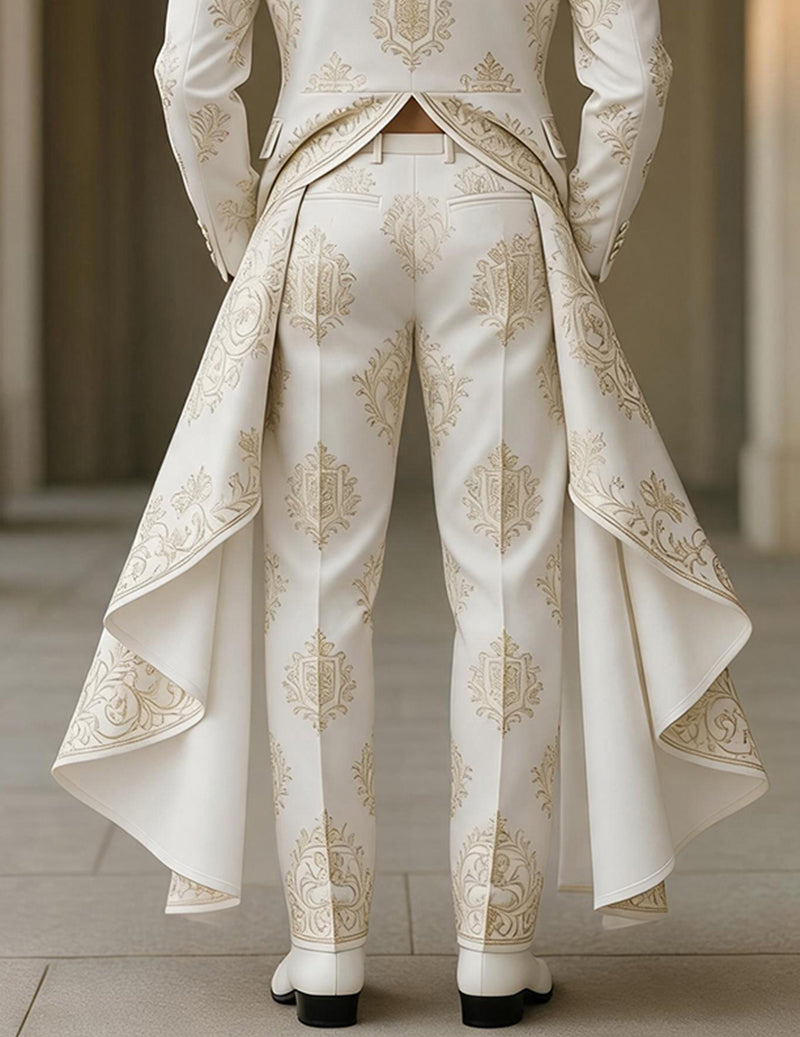Matching formal trousers in white brocade with gold ornate pattern and tails