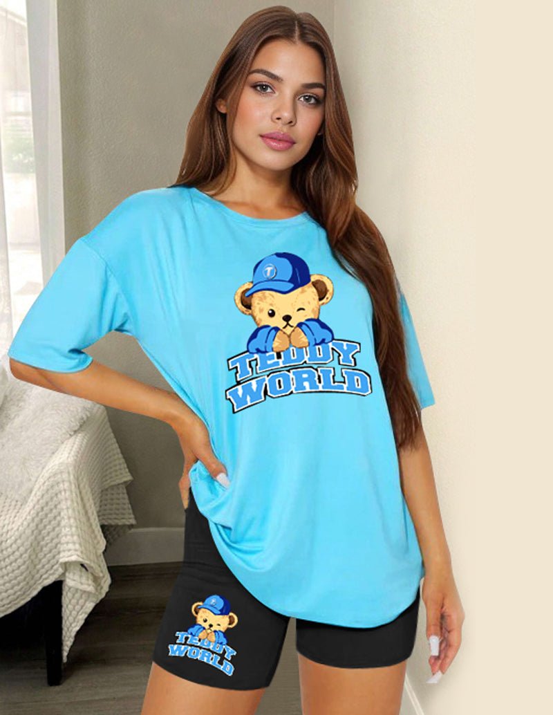 Blue teddy bear graphic T-shirt and matching shorts set, relaxed fit