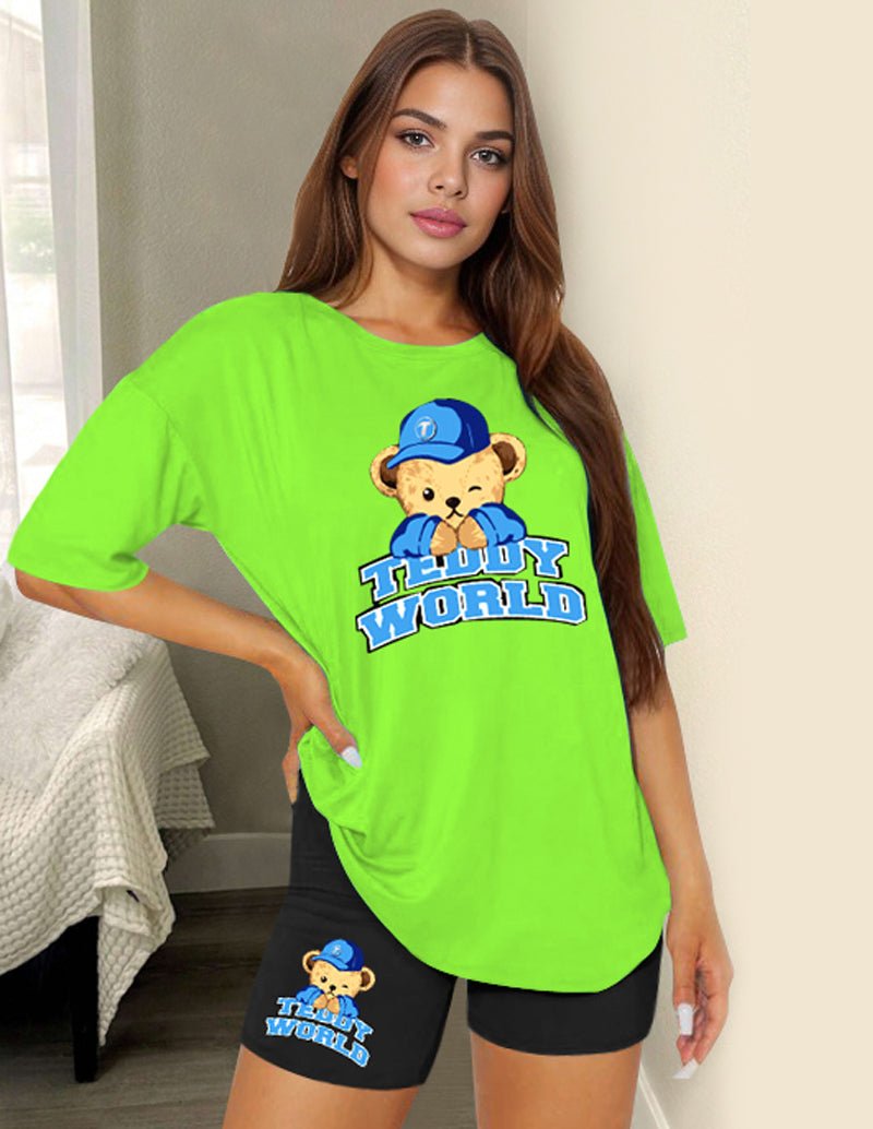 Green teddy bear graphic T-shirt and matching shorts set, relaxed fit