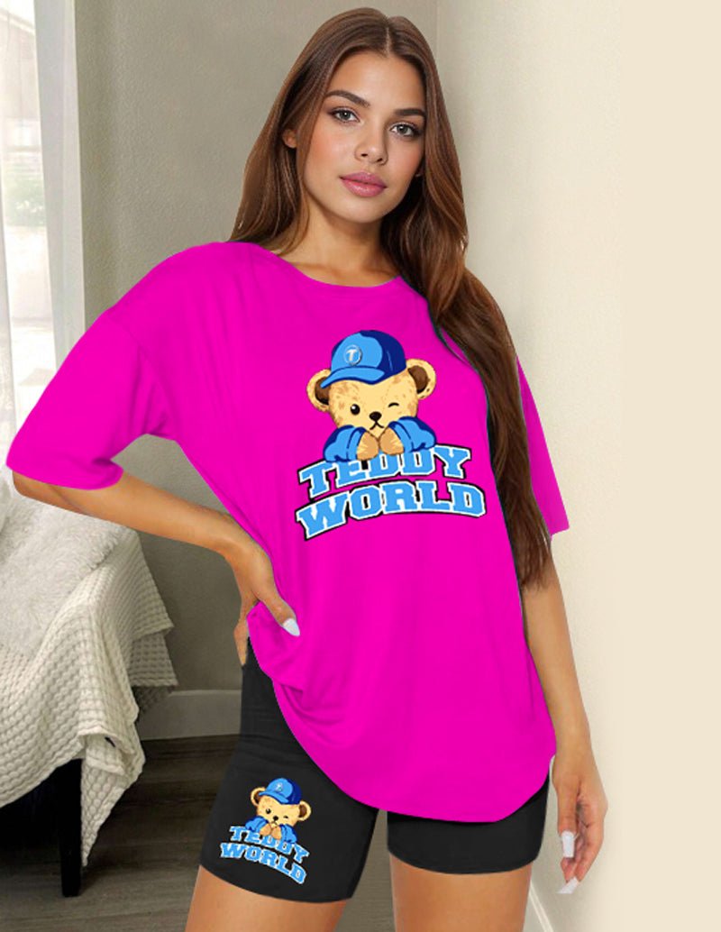 Pink teddy bear graphic T-shirt and matching shorts set, relaxed fit