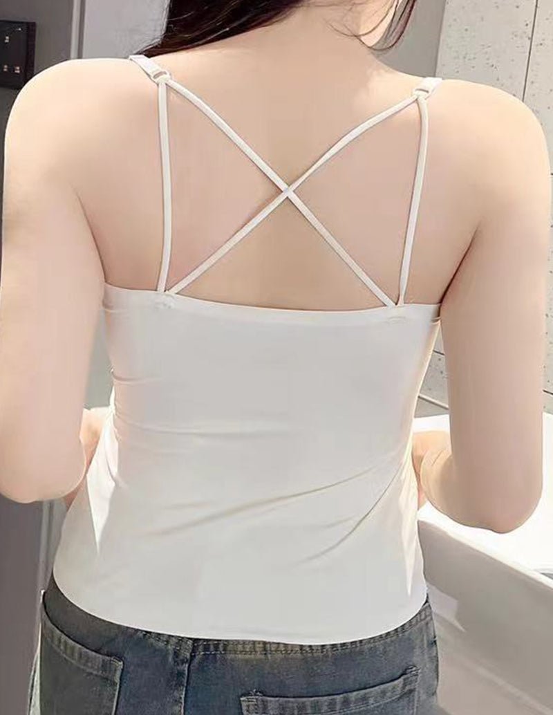 White adjustable spaghetti strap camisole with crisscross open-back straps