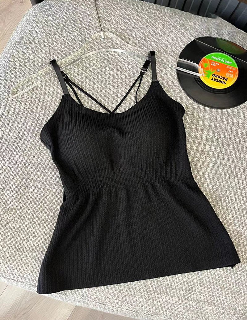 Black adjustable spaghetti strap camisole with textured knit and scoop neckline
