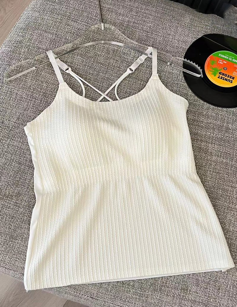 Light cream adjustable spaghetti strap camisole, textured knit, scoop neckline