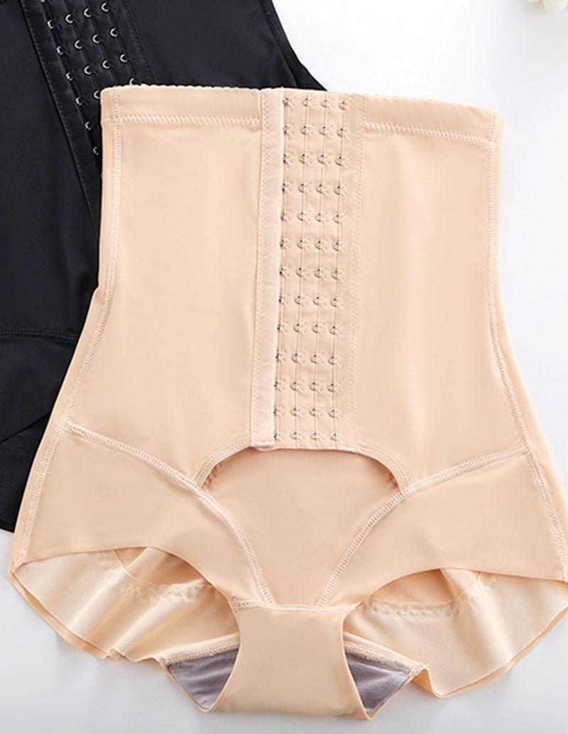 Beige high-waisted shaper shorts with hook-and-eye side panel and front shaping coverage